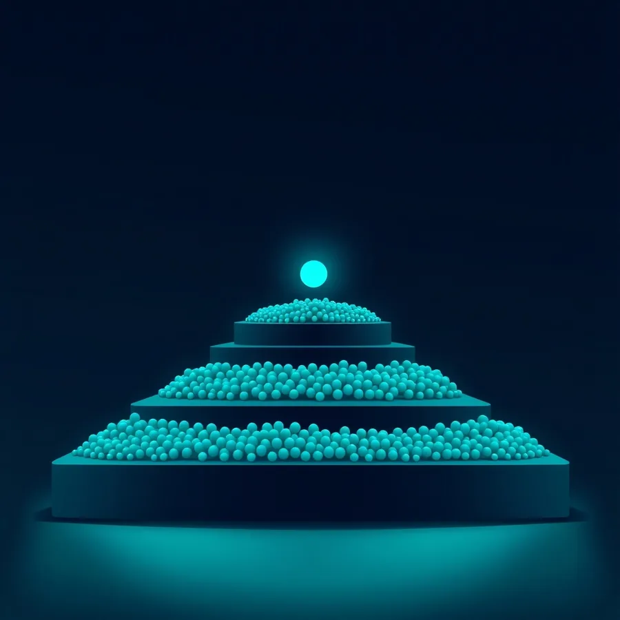 A circular stepped platform of dark stone with three tiers, each higher tier covered by fewer glowing teal beads than the tier below it, and one larger glowing sphere floating alone above the smallest top tier
