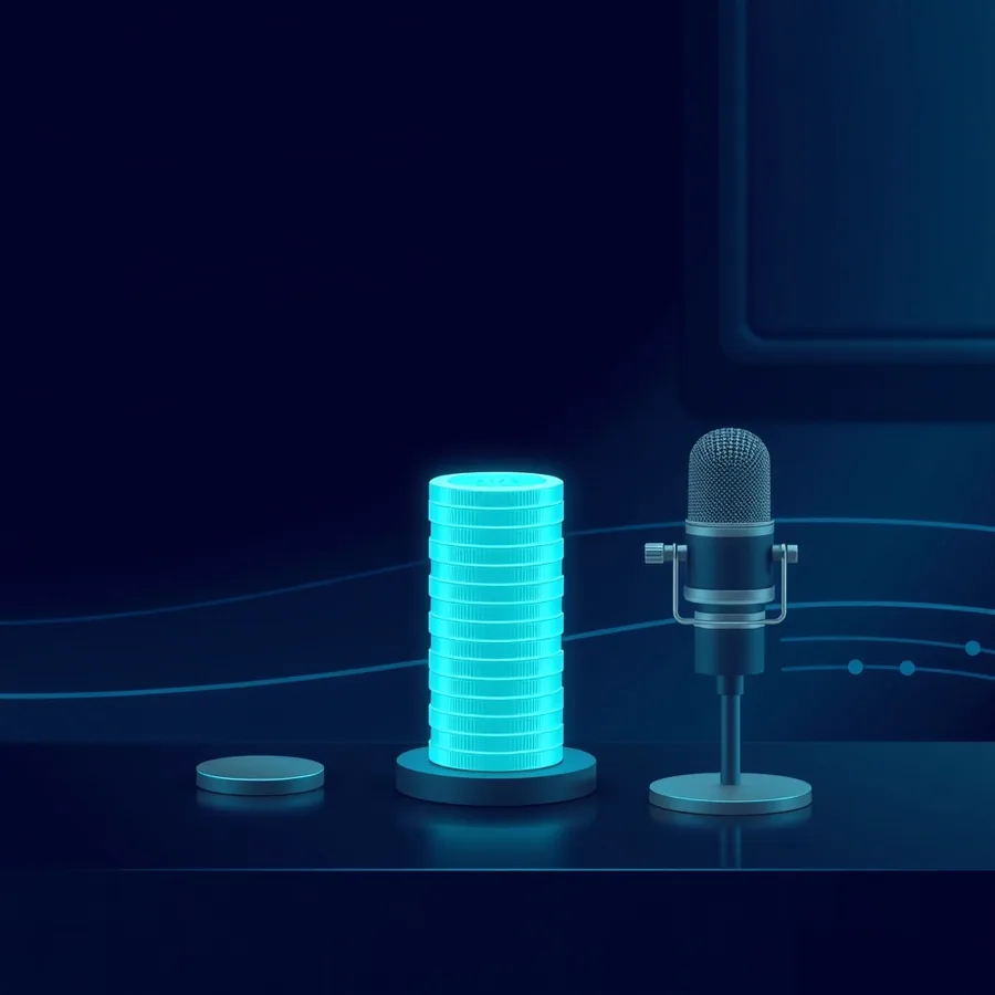 A tall stack of glowing translucent teal credit tokens on a dark studio desk beside a sleek studio microphone, with thin streaks of light rushing past