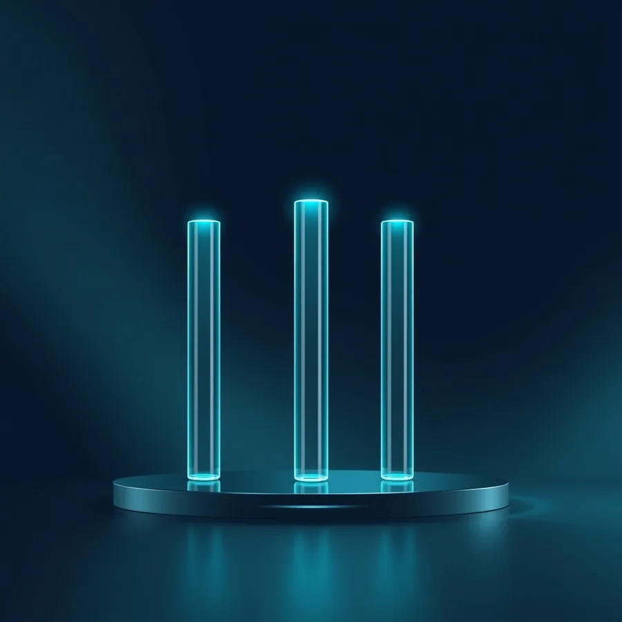 Three upright glowing glass rods of slightly different heights standing on a round polished platform, lit in bright teal against a dark blue background