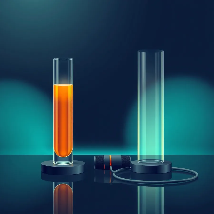 Two tall glass cylinders on a dark reflective desk, the left one full of glowing amber liquid and the right one drained and empty, with a coiled microphone cable beside them