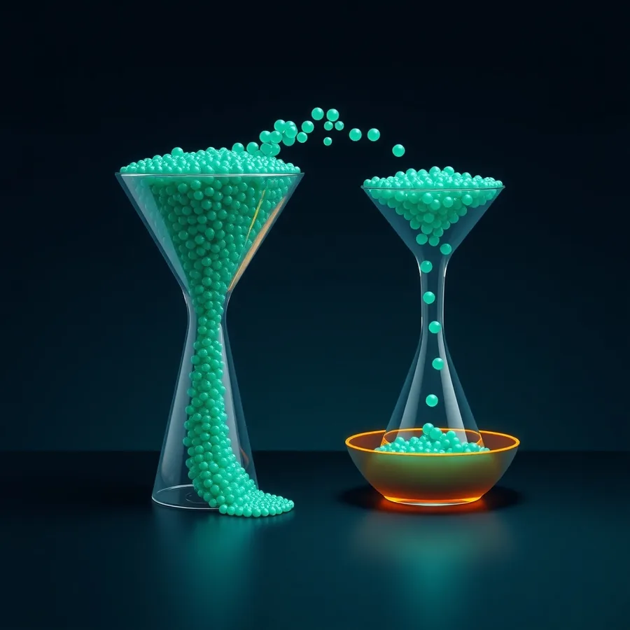Two glass hourglass-shaped funnels on a dark surface: the left one overfilled with green beads spilling out at its base, the right one releasing a slow single-file trickle of beads into a glowing amber dish