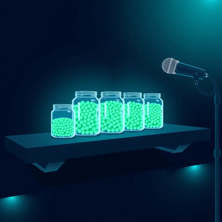 Five glass jars holding different quantities of glowing green beads on a dark studio shelf, beside a microphone on a boom stand