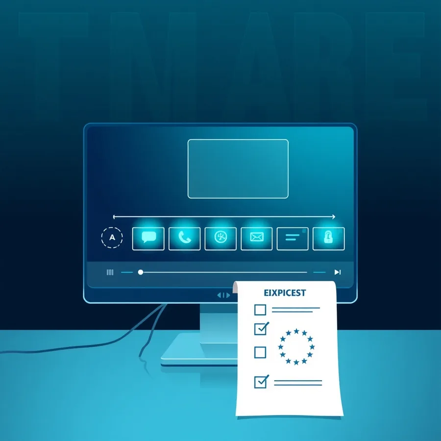 A video editing timeline where each exported clip carries a small certificate seal badge, next to a compliance checklist marked with an EU circle of stars