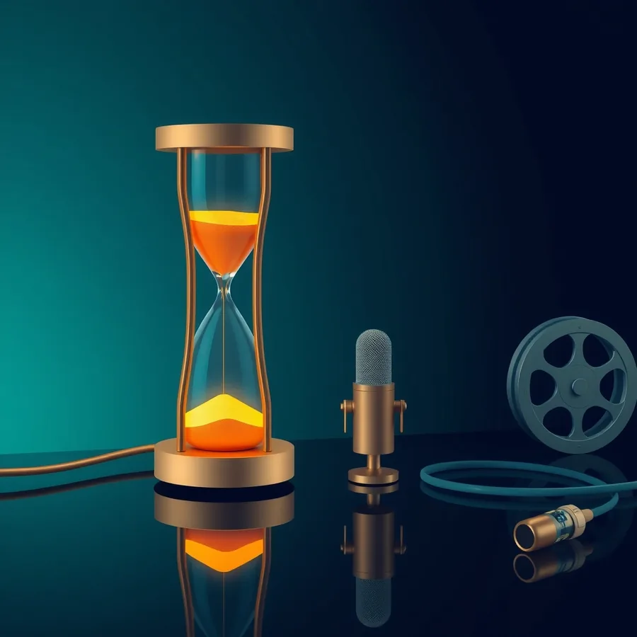 A tall brass hourglass with glowing amber sand standing on a dark reflective desk beside a small brass microphone, a coiled cable and a metal film reel