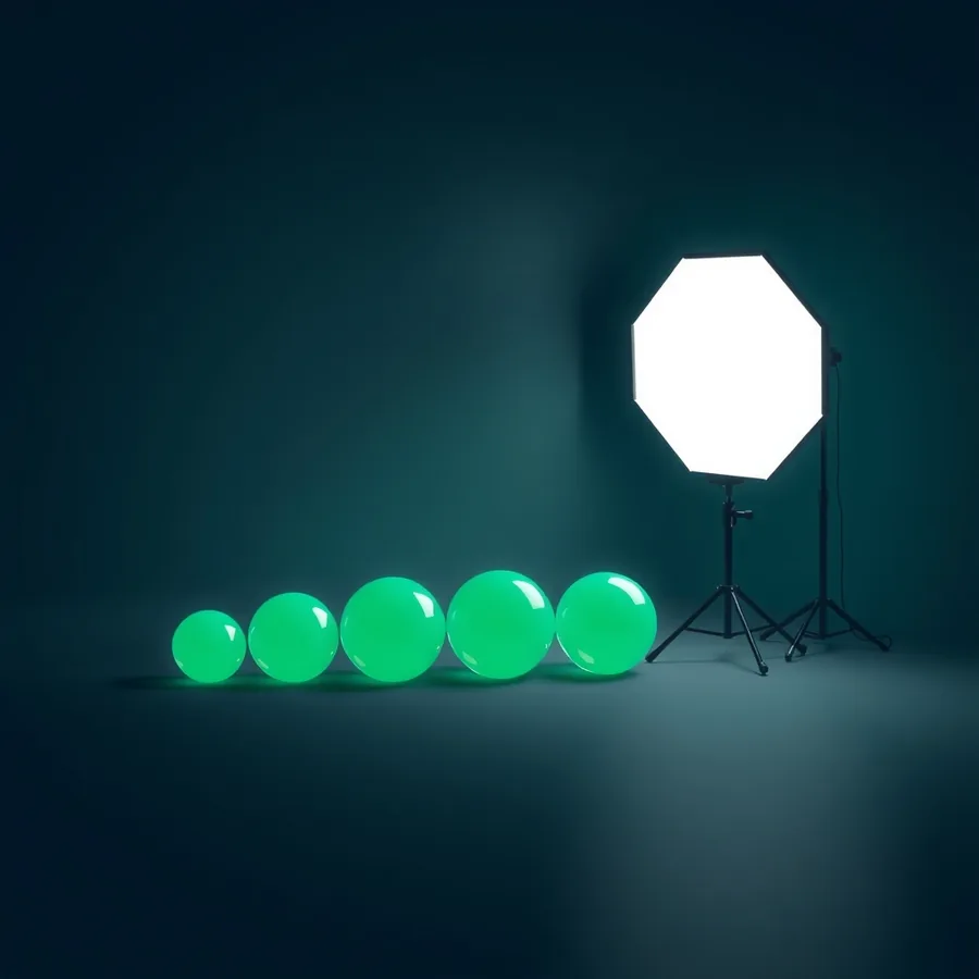 Five glowing green spheres rising in size along a dark studio floor beside a lit softbox and two tripod stands