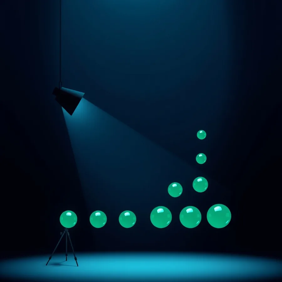 A spotlight over a dark stage lighting a row of evenly sized green glass spheres beside a scattered group of green spheres ranging from tiny to large