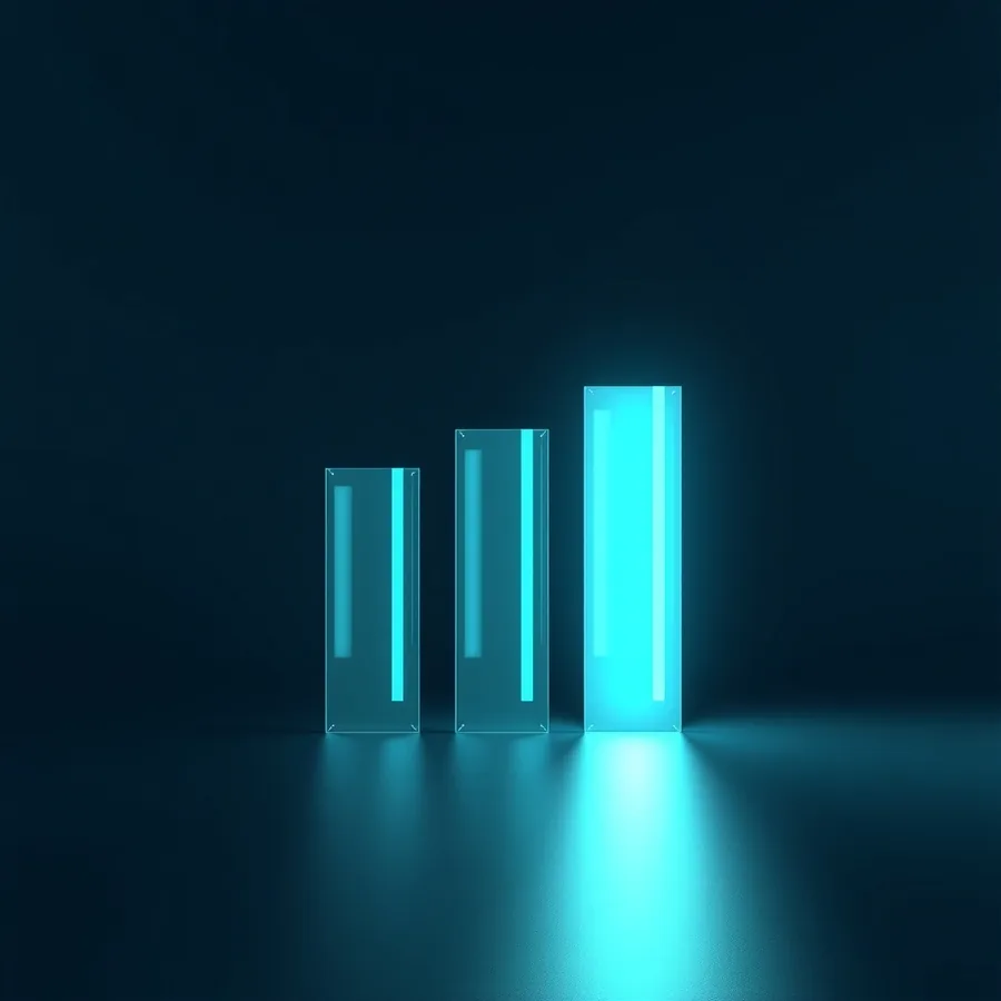 Three upright glass panes of increasing height on a dark studio floor, each lit from within by teal light, the tallest glowing far brighter than the other two