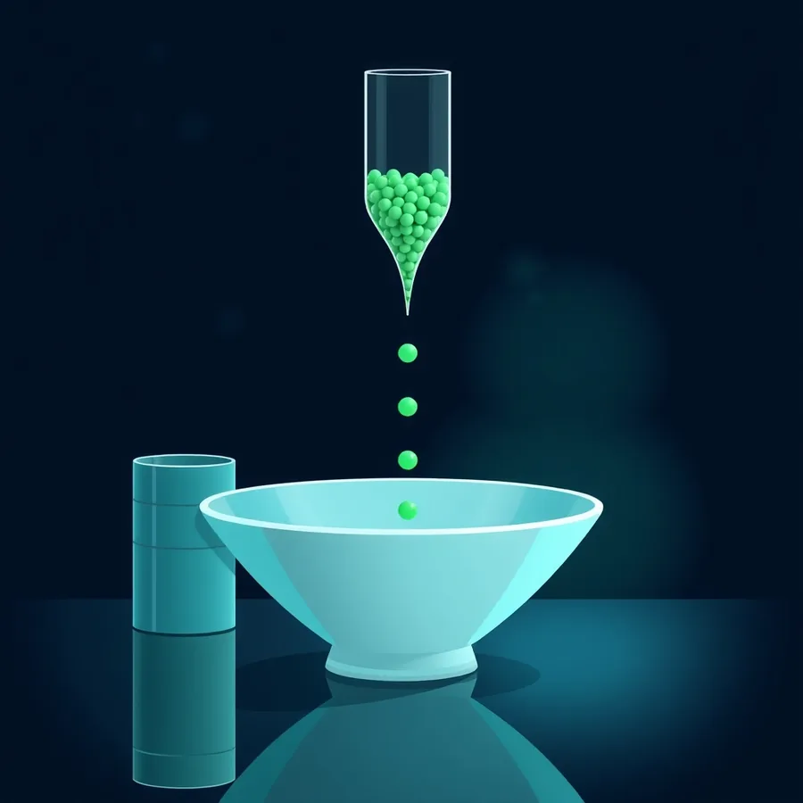 A narrow glass funnel of small green beads releasing them one at a time into a wide, almost empty pale bowl on a dark reflective desk, beside a stack of teal cylinders