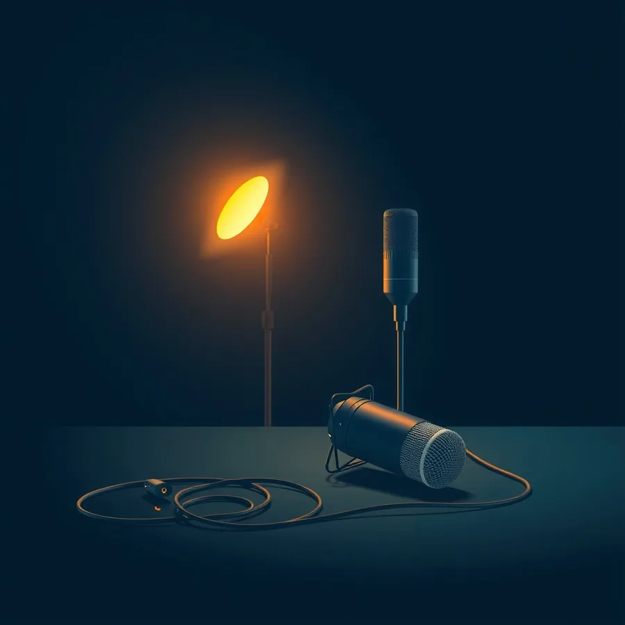 An unplugged studio microphone lying on a dark empty stand with its cable coiled loose, beside a second microphone standing upright and glowing warm amber under a softbox light