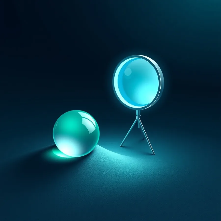 A translucent green glass sphere casting a long shadow beside an upright round lens on a slim tripod stand, lit in blue on a dark surface