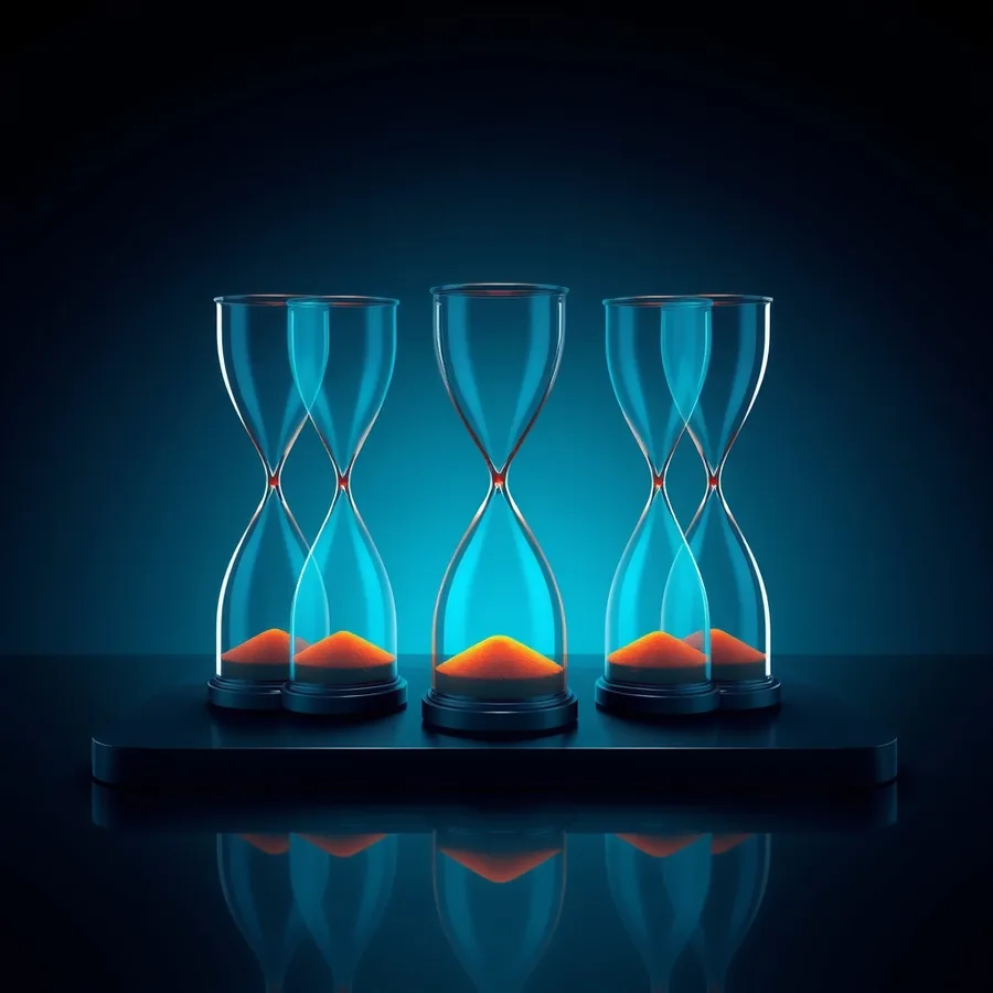 Five glass hourglasses of increasing size in a row on a dark reflective table, glowing amber sand draining through each