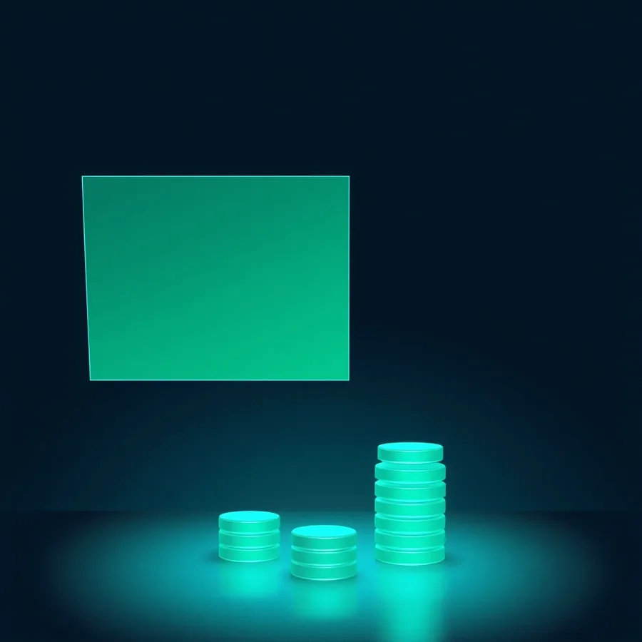 A blank glowing teal panel floating above a dark studio surface, with three stacks of green glass discs of increasing height standing beneath it