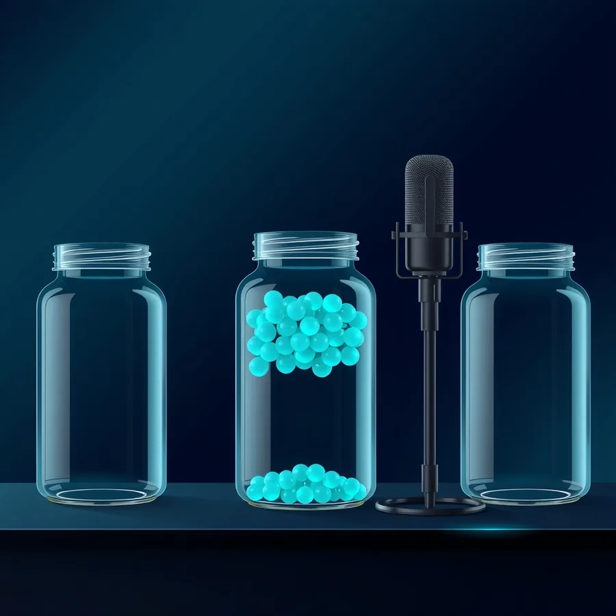 Three tall glass jars standing in a row on a dark studio desk, the middle jar partly filled with glowing teal beads and the outer two empty, with a slim studio microphone on a stand between them
