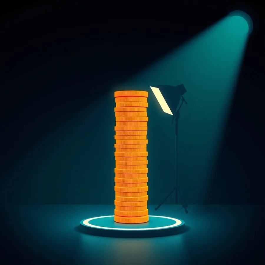 A tall stack of glowing amber coin tokens on a lit circular stage marker beside a softbox light on a tripod
