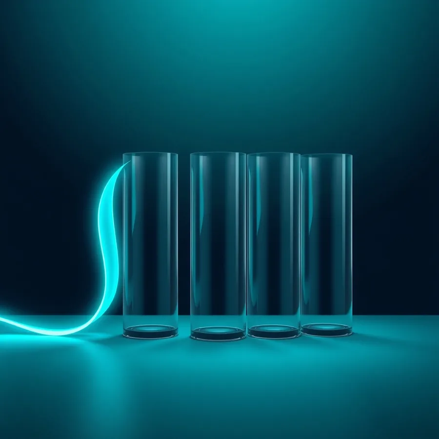 Four tall glass cylinders standing in a row on a dark teal surface, with a glowing cyan ribbon of light curving in from the left and stopping at the first cylinder