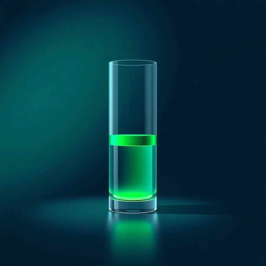A tall glass cylinder on a dark teal studio surface, filled to just above its midpoint with glowing green liquid and a brighter green band at the fill line