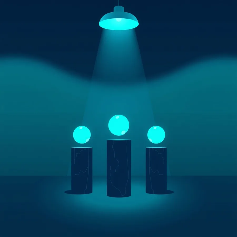 Three dark stone pedestals of different heights on a studio floor, each topped with a glowing cyan sphere, lit by a single hanging lamp
