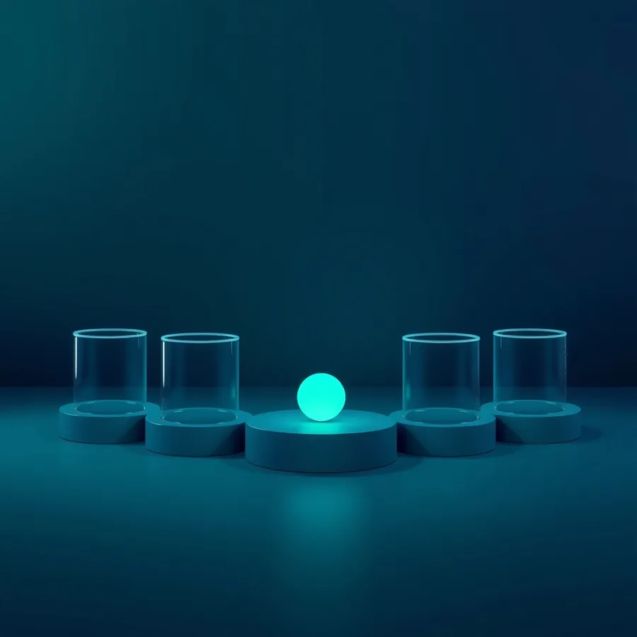 Five round pedestals on a dark teal surface, four topped with empty glass cylinders and the centre one holding a single glowing cyan orb