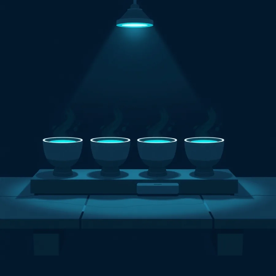 Four dark ceramic cups filled with glowing cyan liquid, steaming on a slate bench under a single hanging lamp